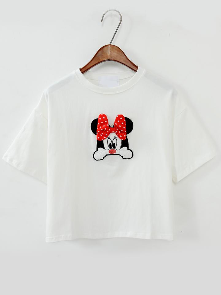Romwe Mickey Patch With Bow White T-shirt