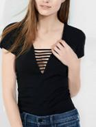 Romwe Black V Neck Hollow Out T-shirt
