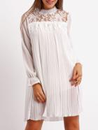 Romwe White Stand Collar Lace Pleated Dress