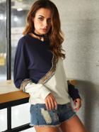 Romwe Color Block Sweatshirt With Embroidered Tape Detail