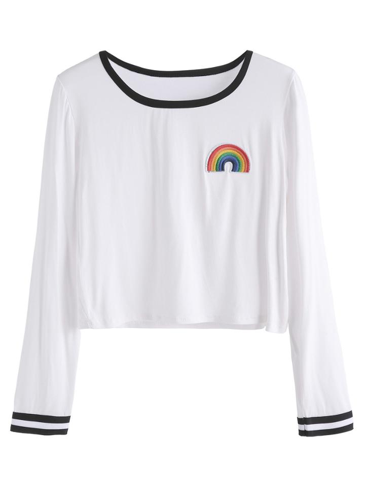 Romwe White Contrast Trim Rainbow Embroidered Patch Crop T-shirt
