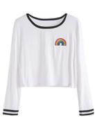 Romwe White Contrast Trim Rainbow Embroidered Patch Crop T-shirt