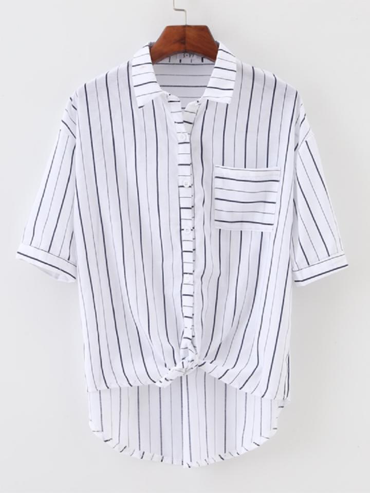 Romwe Knotted Hem Striped Shirt