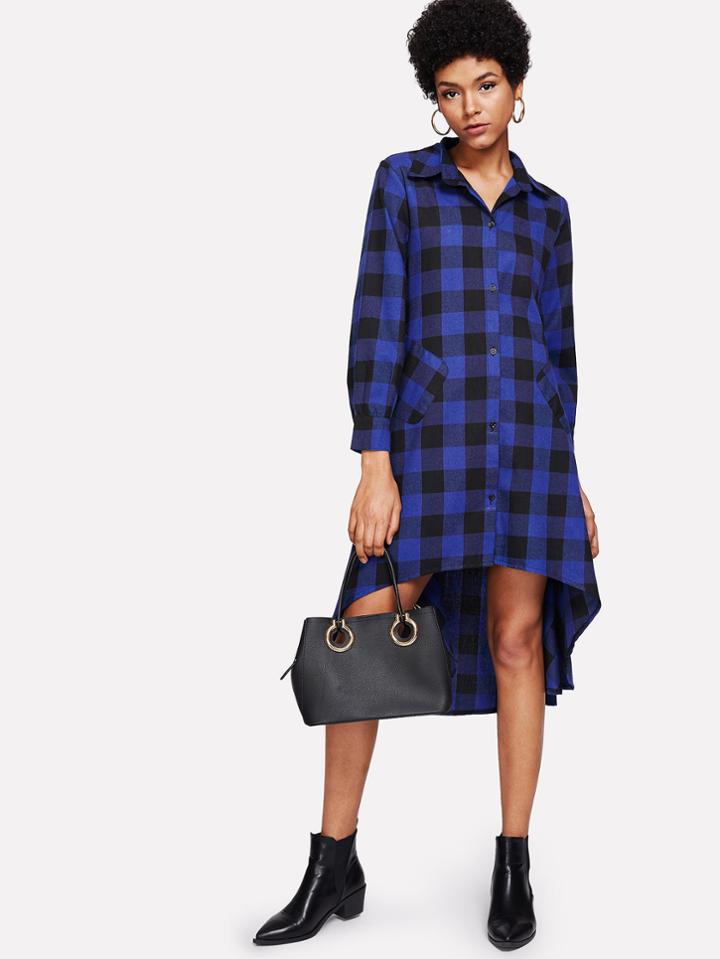 Romwe Dip Hem Dingle Breasted Checked Shirt Dress