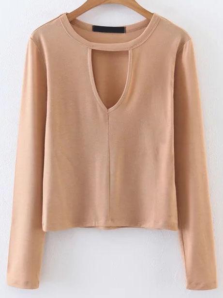 Romwe Apricot Cut Out Long Sleeve T-shirt