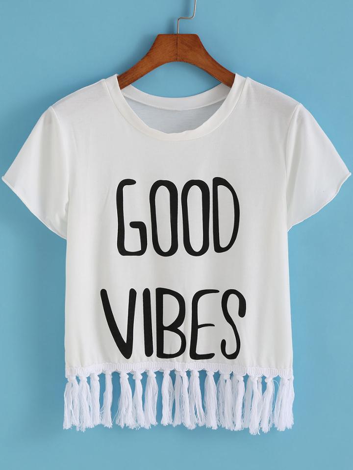 Romwe White Round Neck Good Vibes Print Tassel T-shirt