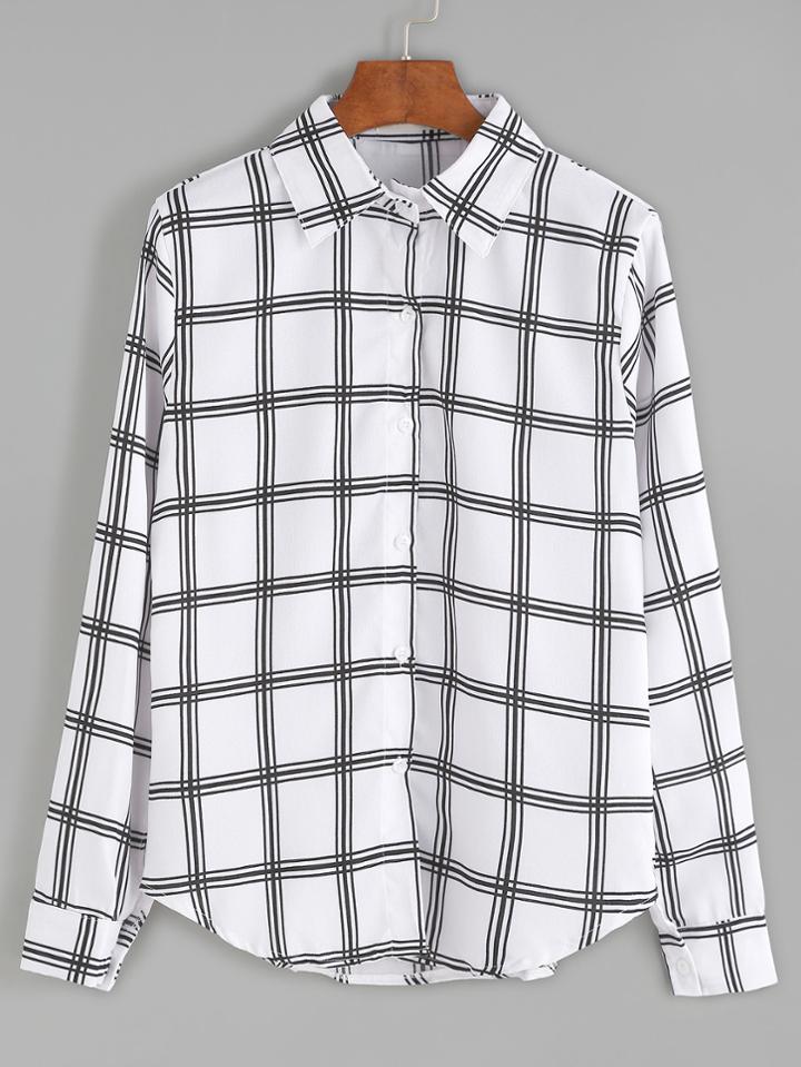 Romwe Black White Plaid Curved Hem Blouse
