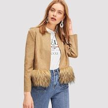 Romwe Faux Fur Hem Crop Coat