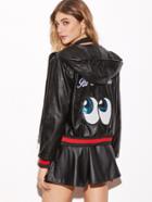 Romwe Contrast Trim Pu Leather Cartoon Eyes Sequin Hooded Jacket