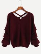 Romwe V Neckline Tiered Sleeve Criss Cross Sweater