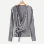 Romwe Self Tie Rib Knit Trim Wrap Sweater