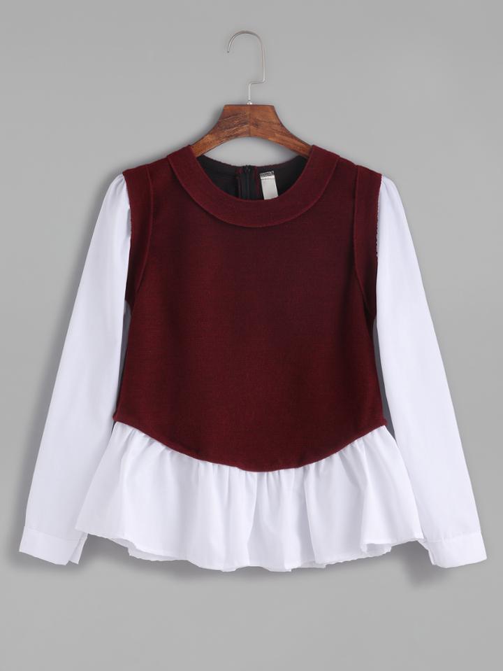 Romwe Contrast Sleeve Ruffle Hem Combo Blouse
