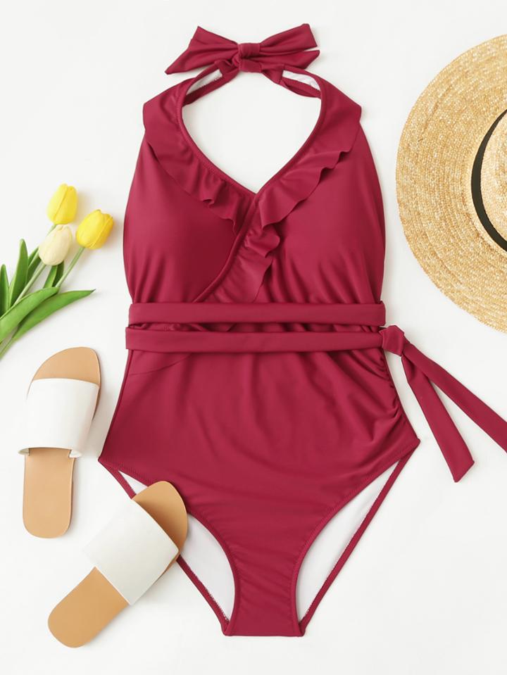 Romwe Self Tie Neck Knot Side Ruffle Swimsuit