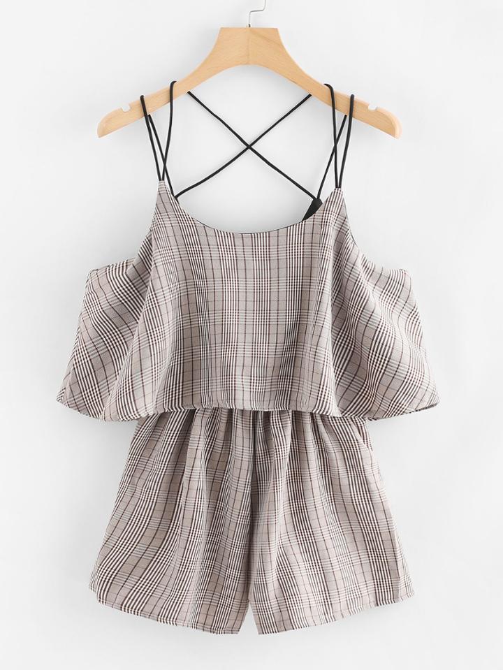 Romwe Criss Cross Back Checked Romper