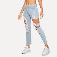 Romwe Bleach-dye Destroyed Raw Hem Jeans