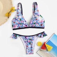 Romwe Random Floral Double Straps Top With Frill Trim Bikini