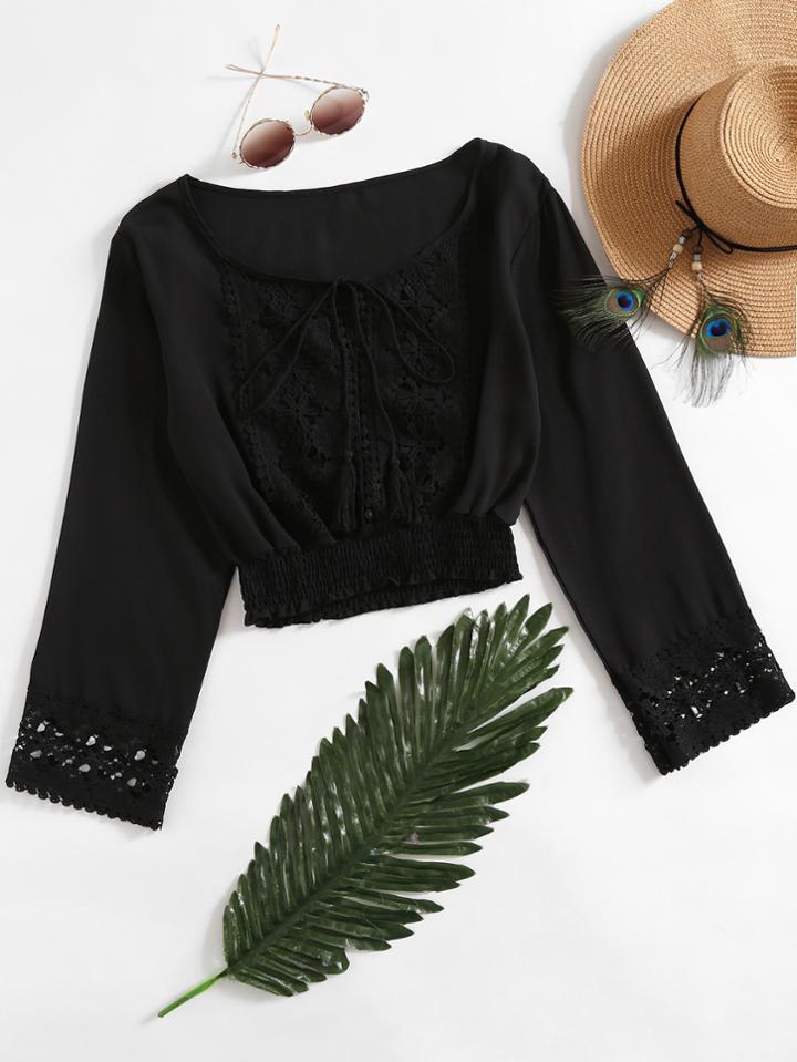 Romwe Lace Panel Self Tie Neck Shirred Hem Blouse
