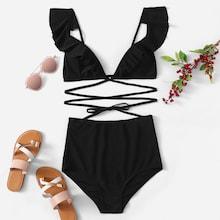 Romwe Ruffle Strappy Plain Bikini Set