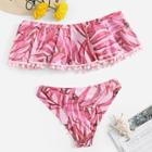 Romwe Random Leaf Print Flounce Bandeau Top Bikini Set