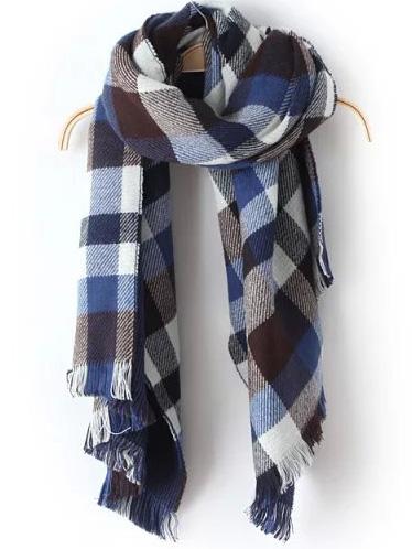 Romwe Plaid Tassel Navy Scarf