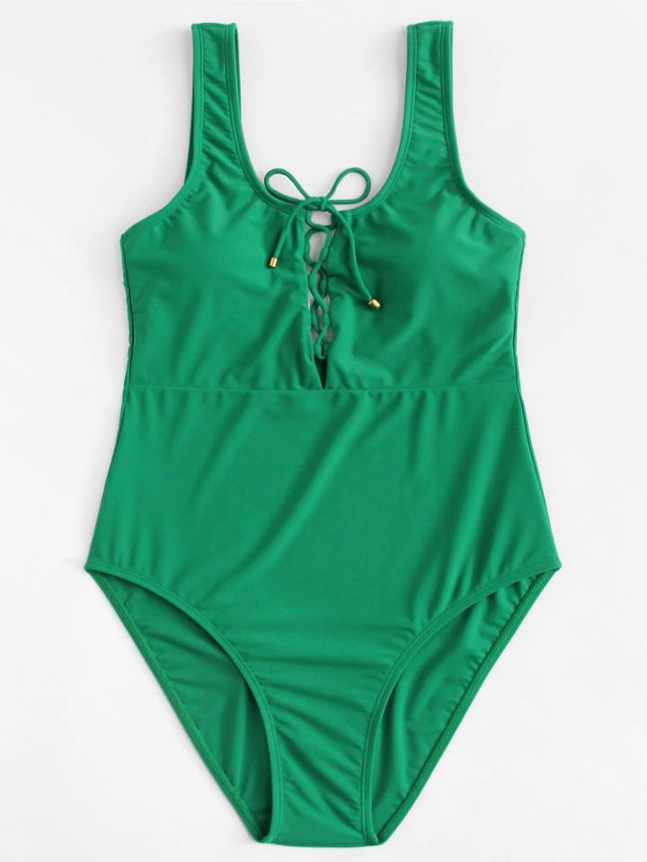 Romwe Lace Up Front Tank Swimsuit