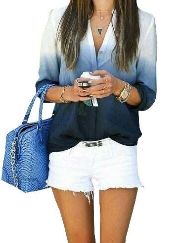 Romwe Women Ombre Blue V Neck Shirt