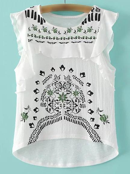 Romwe White Round Neck Dip Hem Ruffle Cuff Print Blouse
