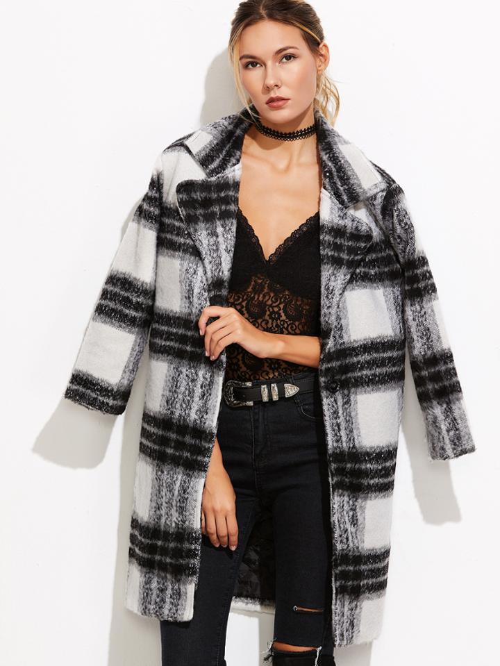 Romwe Black And White Plaid Pockets Coat