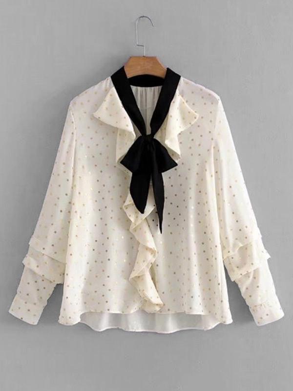 Romwe Dot Print Flounce Detail Tie Neck Blouse