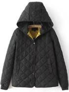 Romwe Hooded Buttons Diamond Black Coat