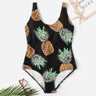 Romwe Plus Pineapple Print Low Back One Piece Swimwear