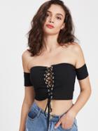 Romwe Lace Up Off Shoulder Ribbed Crop T-shirt