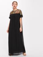 Romwe Keyhole Embroidered Mesh Yoke Dress