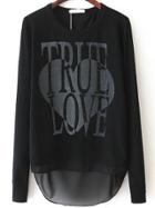 Romwe Chiffon Hem Letter Print Buttons Black Sweater