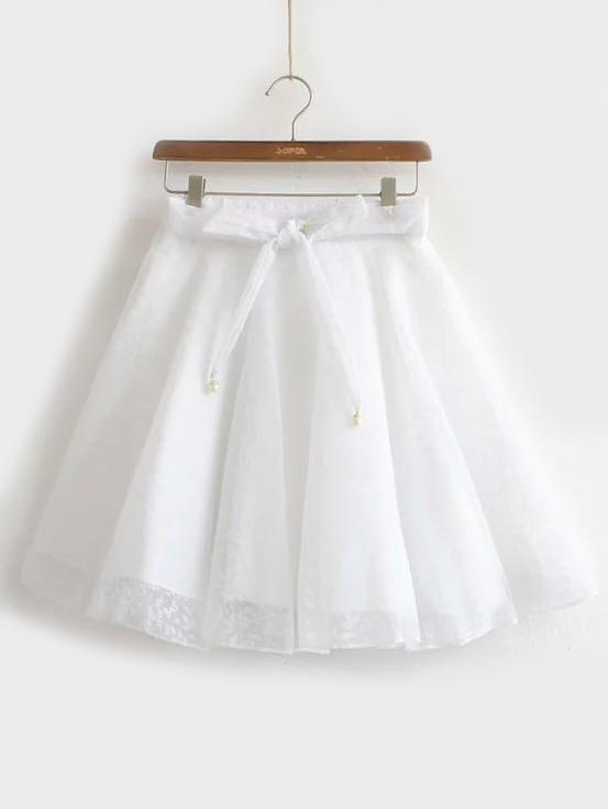 Romwe Tree Pattern Bow Flare White Skirt