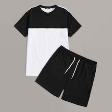 Romwe Guys Color-block Tee & Drawstring Waist Shorts Set