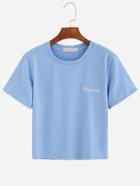 Romwe Blue Letter Embroidered T-shirt