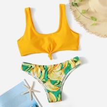 Romwe Knot Front Top With Random Banana Print Bikini