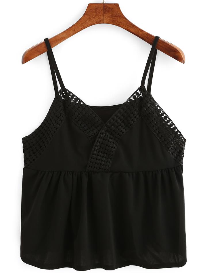 Romwe Lace Neckline Surplice Front Peplum Cami Top - Black