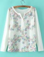Romwe White V Neck Embroidered Buttons Blouse
