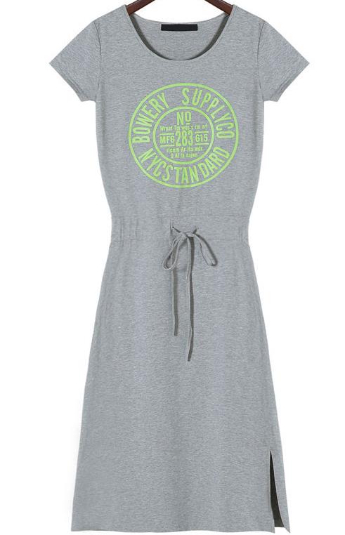 Romwe Drawstring Waist Letters Print Split Grey Dress