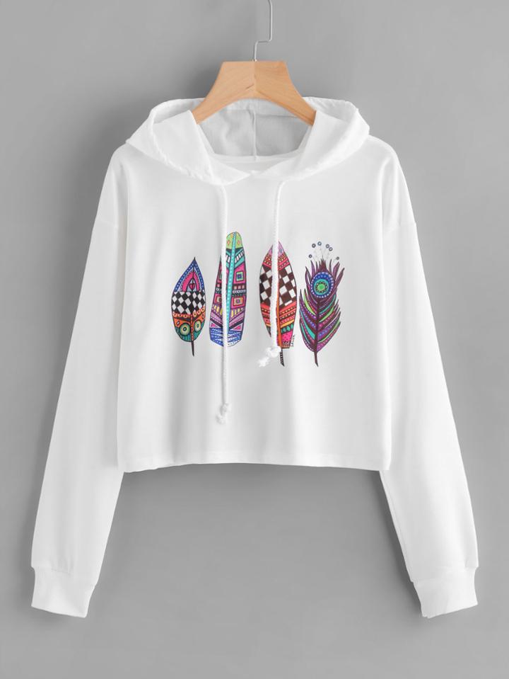 Romwe Colorful Leaf Print Hooded Sweatshirt