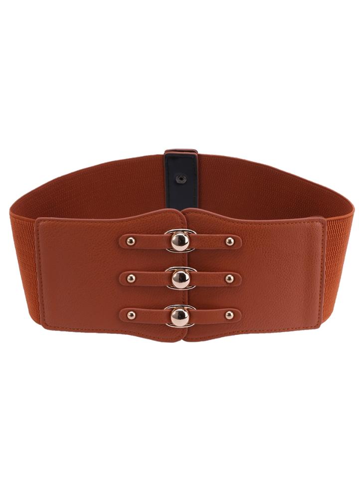 Romwe Camel Faux Leather Wide Button Waist Belt