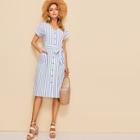 Romwe Pocket Front Button Up Striped Belted Dress