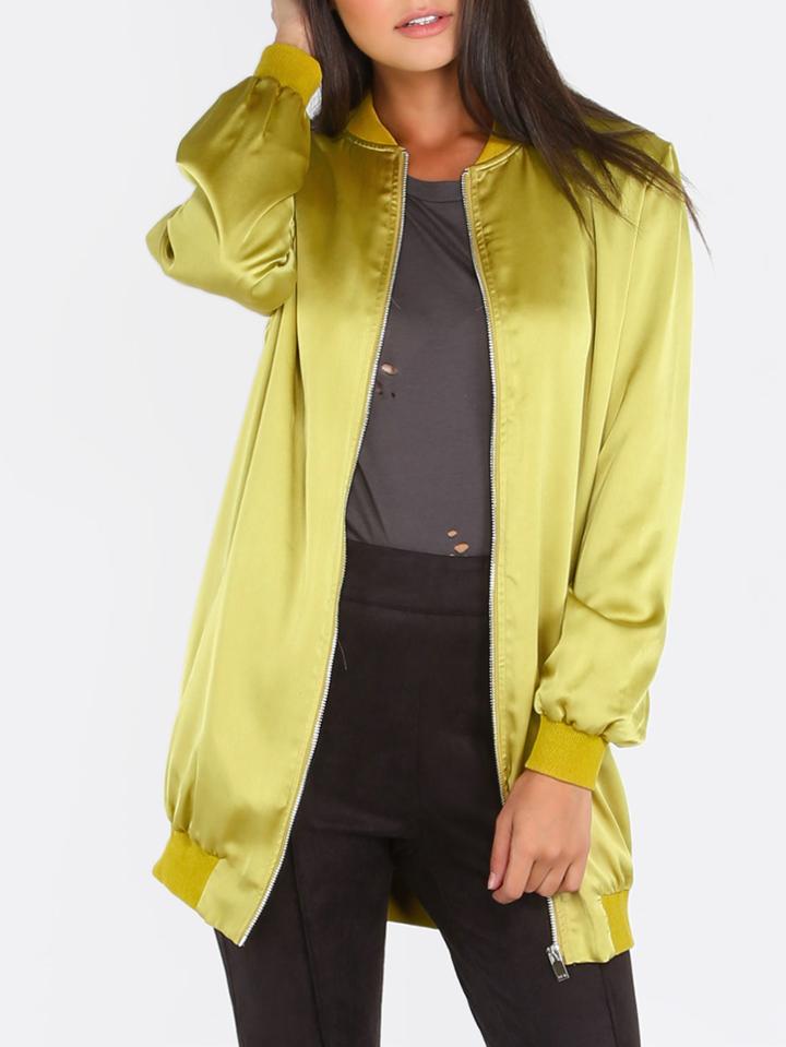 Romwe Yellow Ribbed Trim Zip Up Long Satin Bomber Jacket