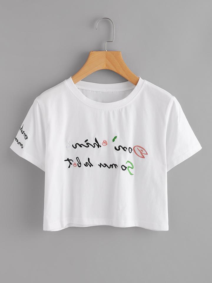 Romwe Embroidered Crop Tee