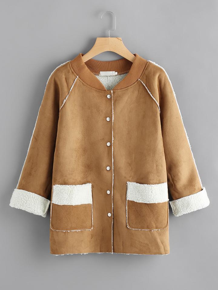 Romwe Sherpa Trim Dual Pocket Seam Detail Coat
