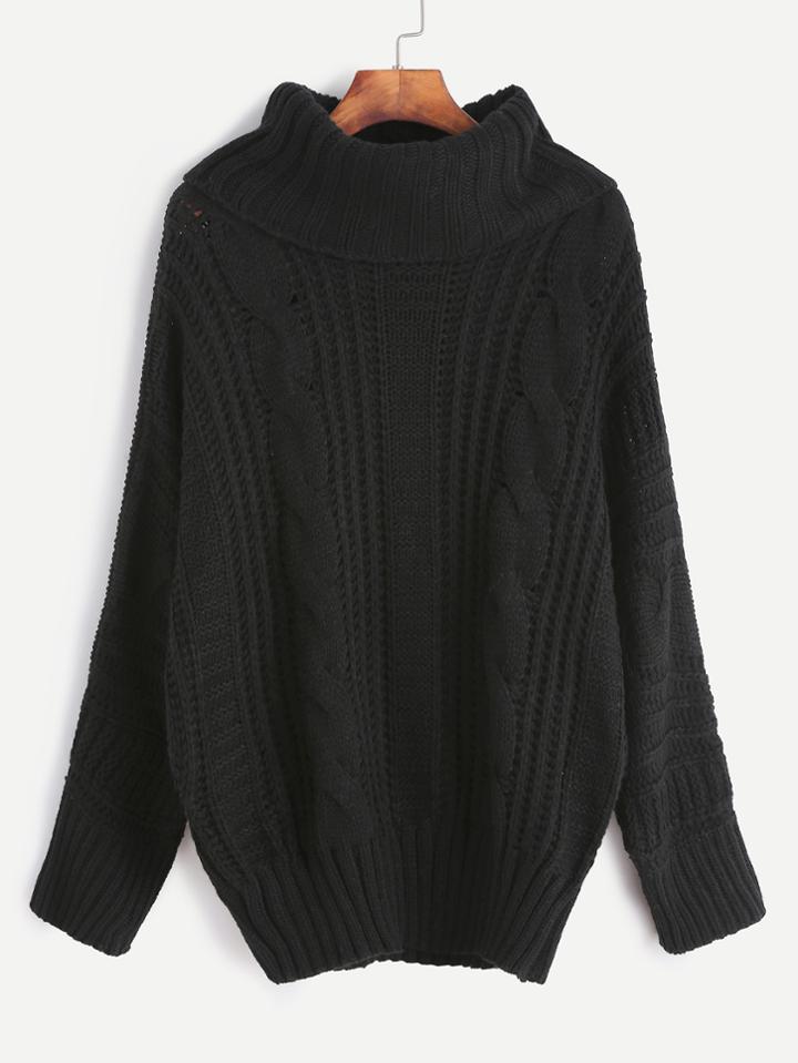 Romwe Black Cable Knit Turtleneck Sweater
