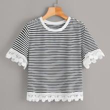 Romwe Contrast Lace Striped Tee