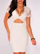 Romwe Deep Plunge Neck Cut Out Lace Insert Bodycon Dress